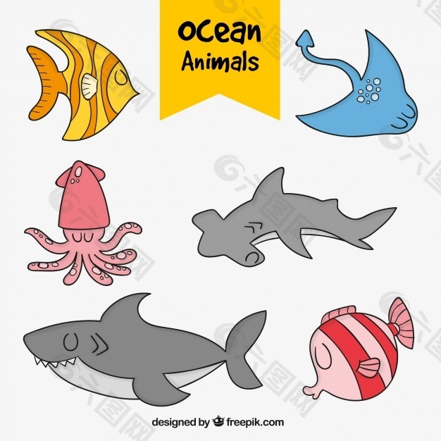一群漂亮的手绘海洋动物