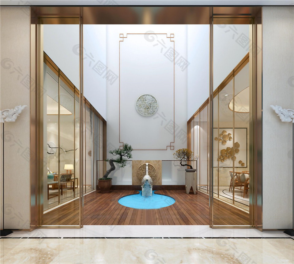 中式清雅客厅蓝色圆地毯室内装修效果图