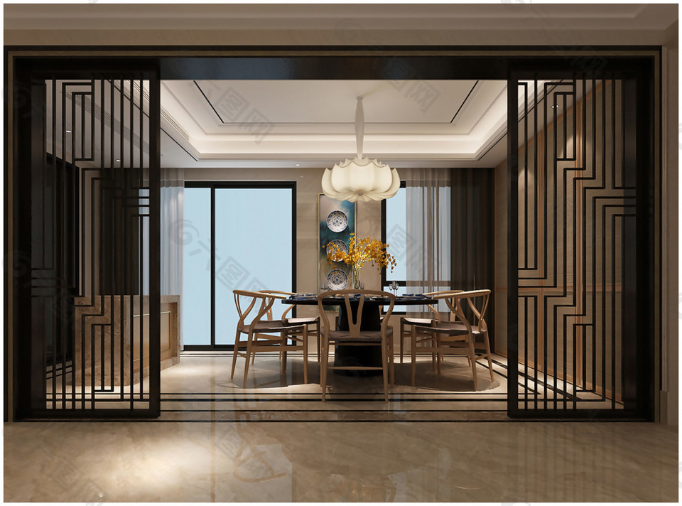 现代时尚客厅木制镂空门隔断室内装修效果图