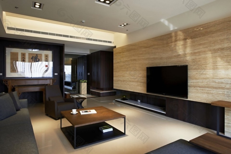 美式简约奢华风格客厅电视木纹背景墙效果图