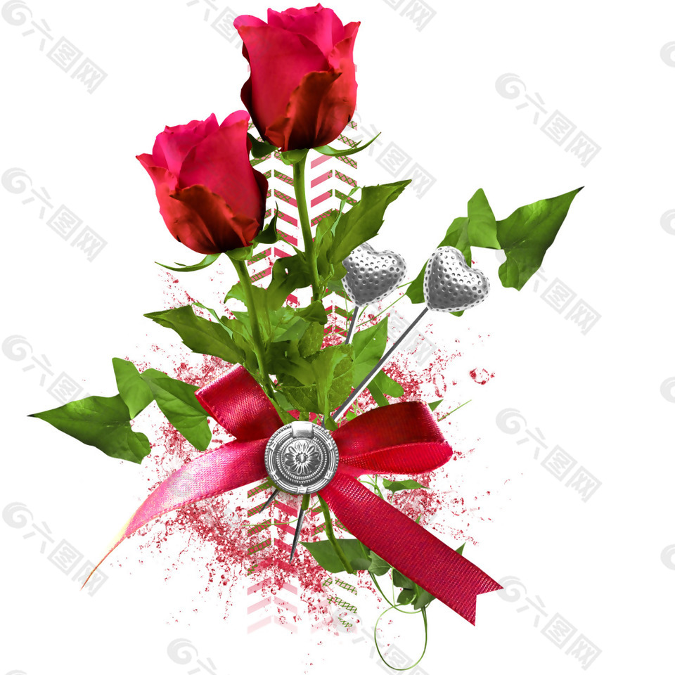 心形红色丝带玫瑰png元素素材