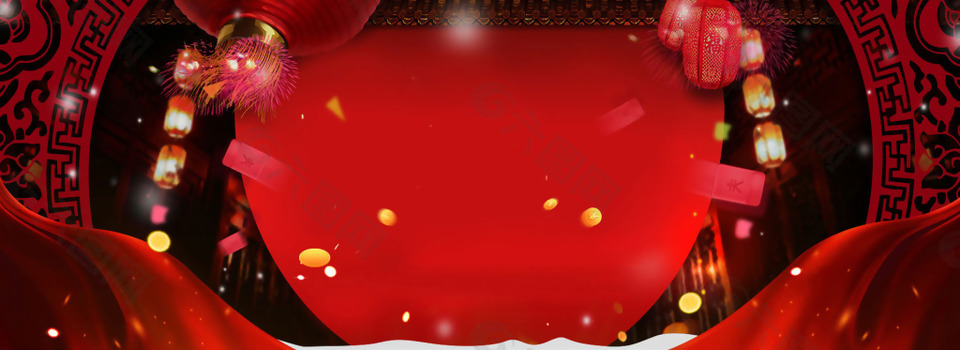 红色丝带灯笼新年banner背景素材