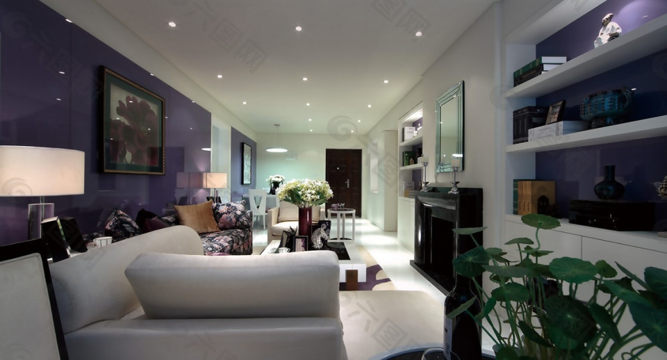 现代简约客厅浪漫紫色背景墙室内装修图