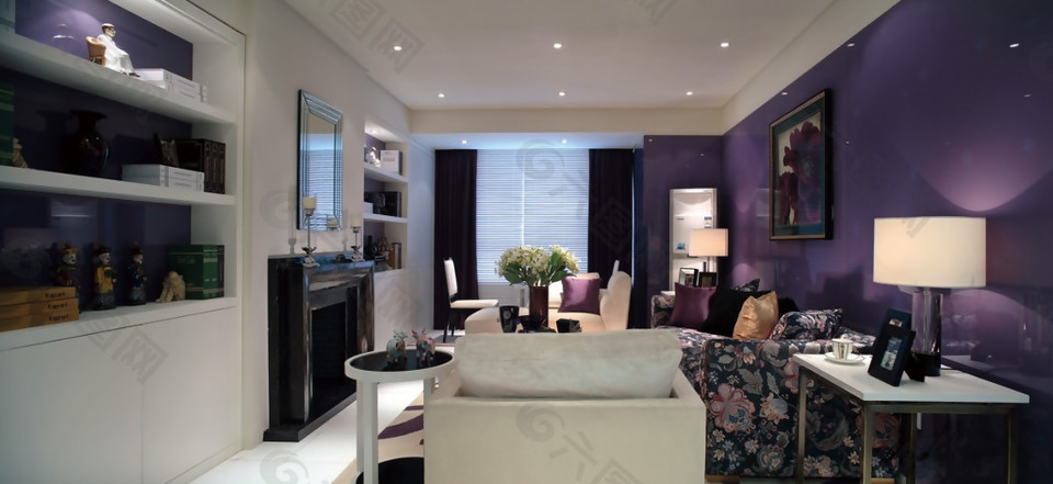 现代简约客厅紫色背景墙室内装修效果图