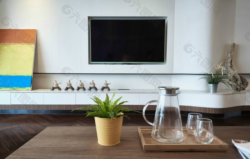 现代客厅白色木制电视柜室内装修效果图