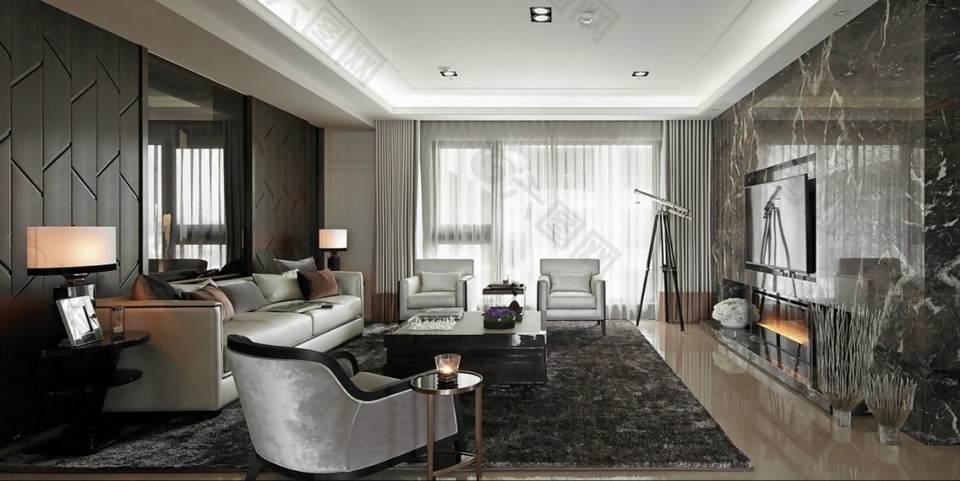 现代时尚客厅褐色调室内装修效果图