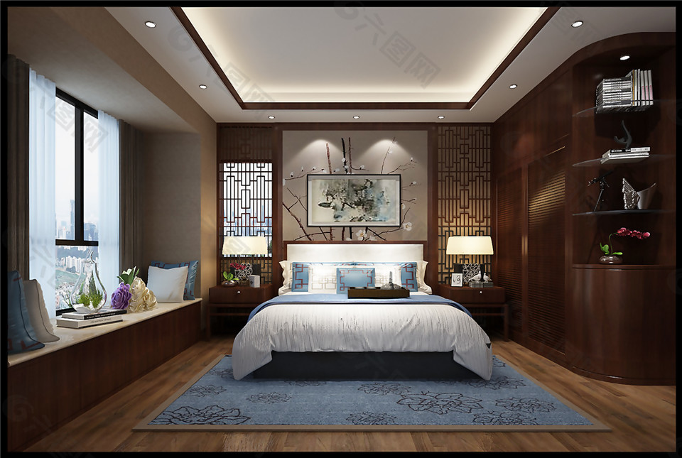 室内卧室中式实木造型效果图