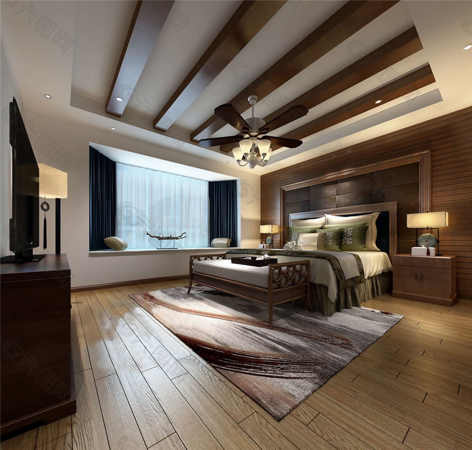 简约卧室木质地板中式效果图