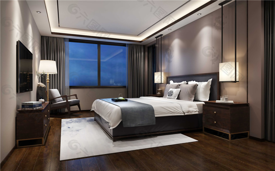 卧室房间方形吊顶中式效果图