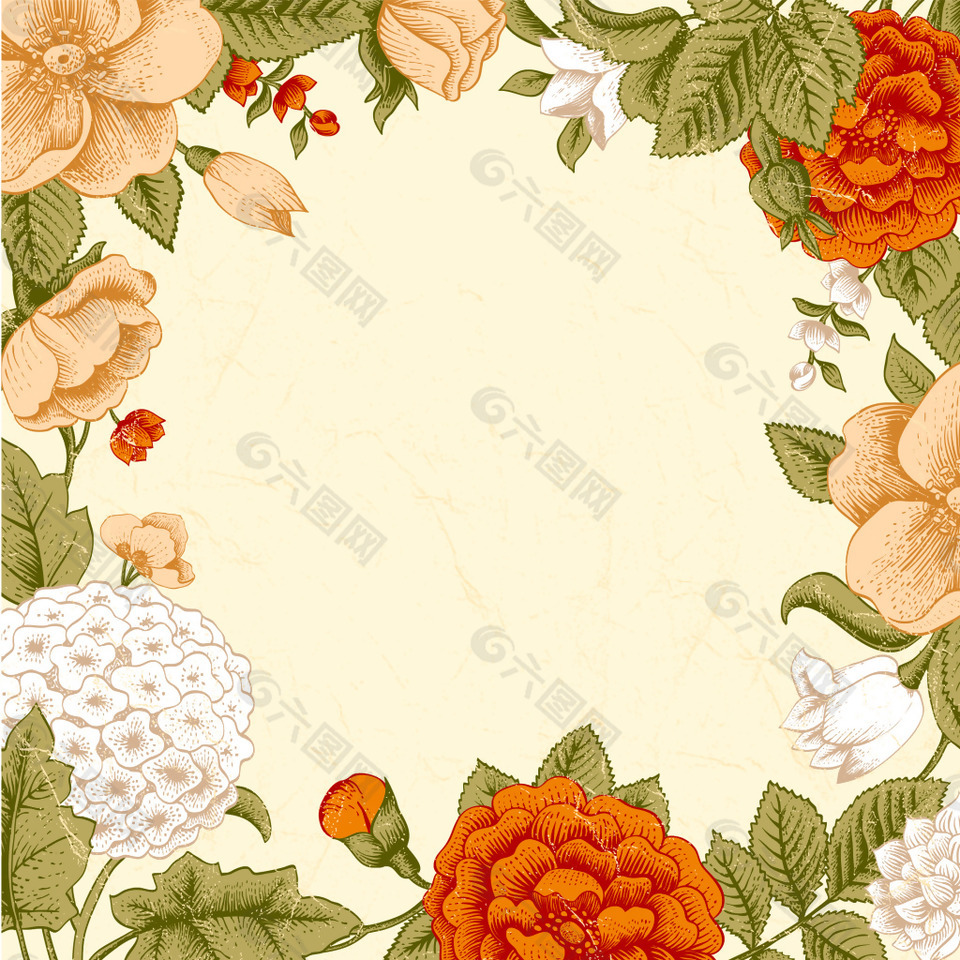 手绘花朵绿叶边框米色背景