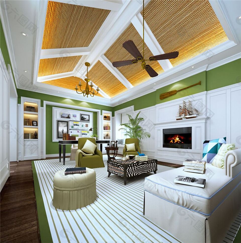 现代时尚客厅白色条纹地板室内装修效果图
