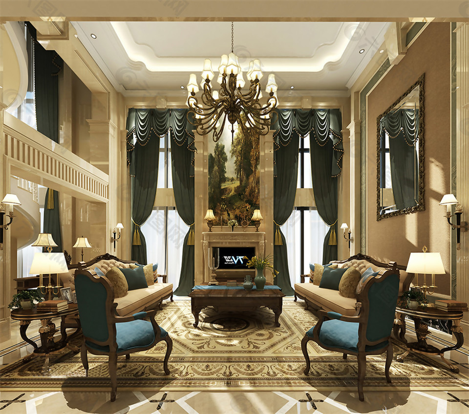 现代客厅轻奢风格墨绿色窗帘室内装修效果图
