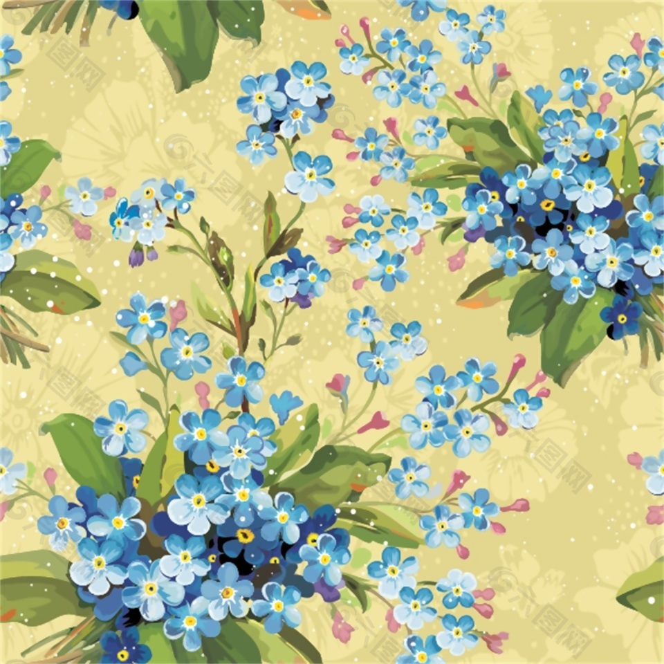 蓝色花朵手绘印花矢量素