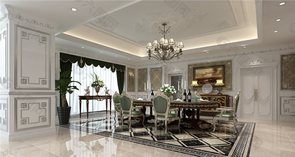 美式清雅客厅亮面瓷砖地板室内装修效果图
