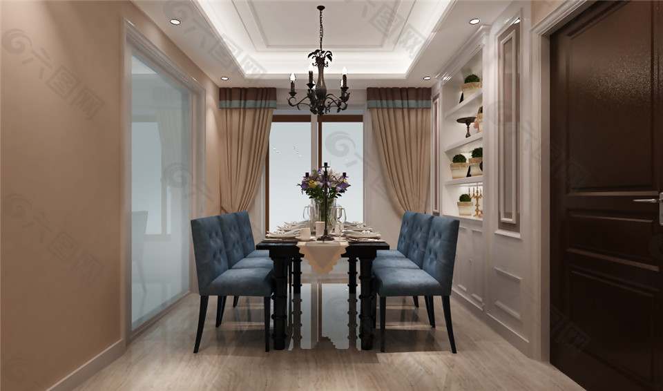 美式清新客厅蓝紫色椅子室内装修效果图