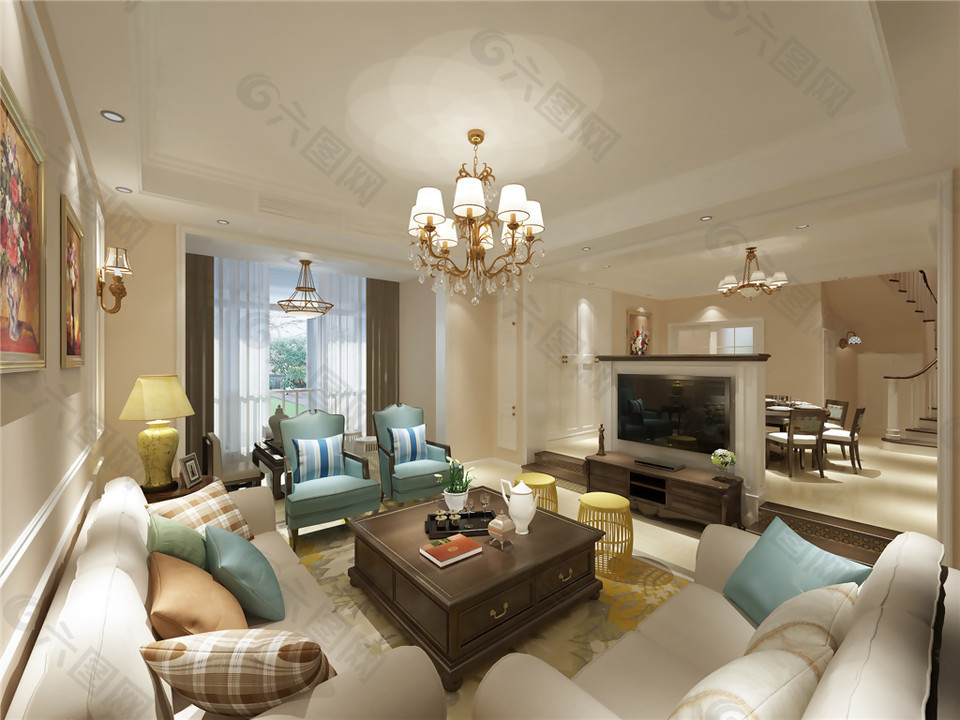 美式清新客厅浅褐色格子抱枕室内装修效果图