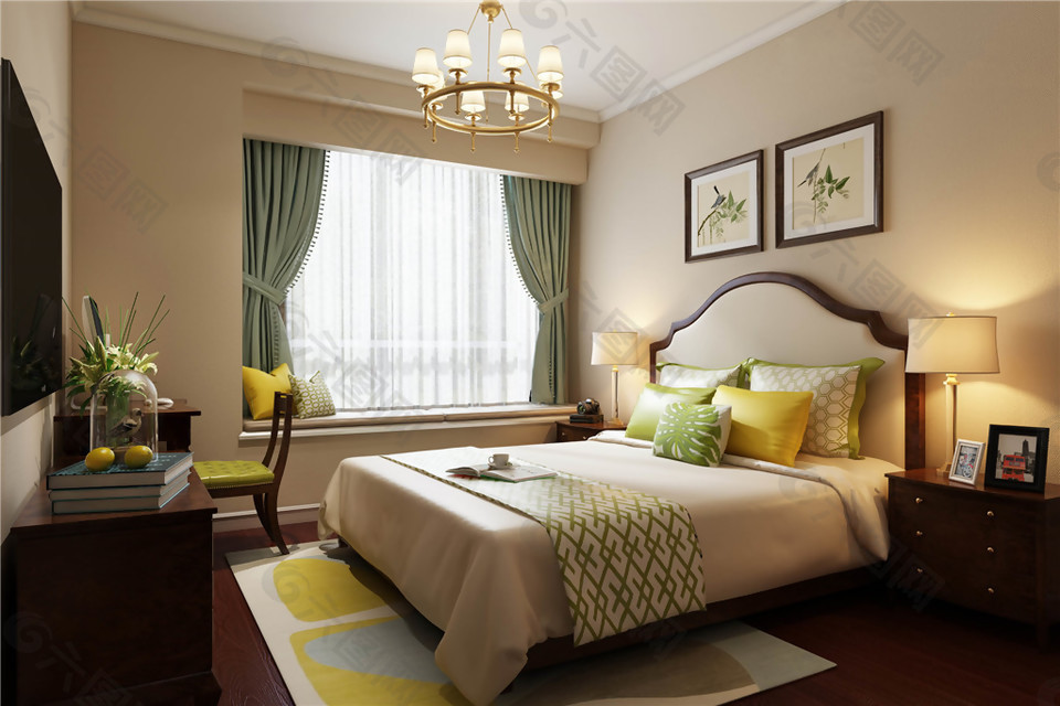 美式清新时尚卧室黄色花纹地毯室内装修图
