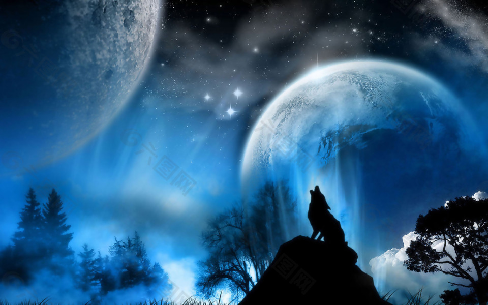 唯美蓝色星空月亮背景