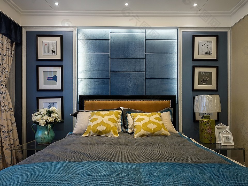 简约蓝色凋卧室背景墙效果图