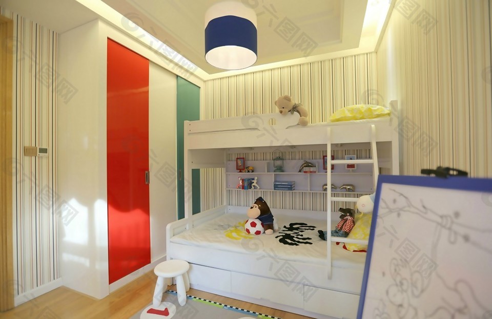 简约现代儿童房高低床卧室衣柜效果图