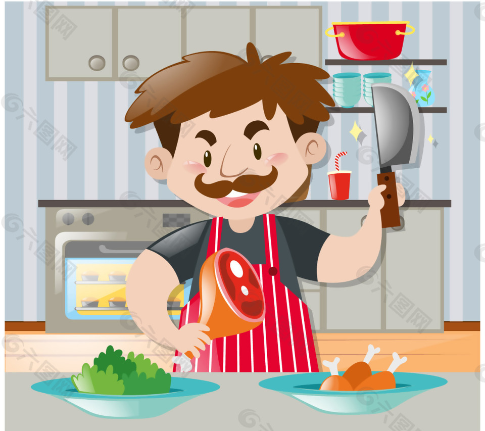 卡通男人做饭的厨房