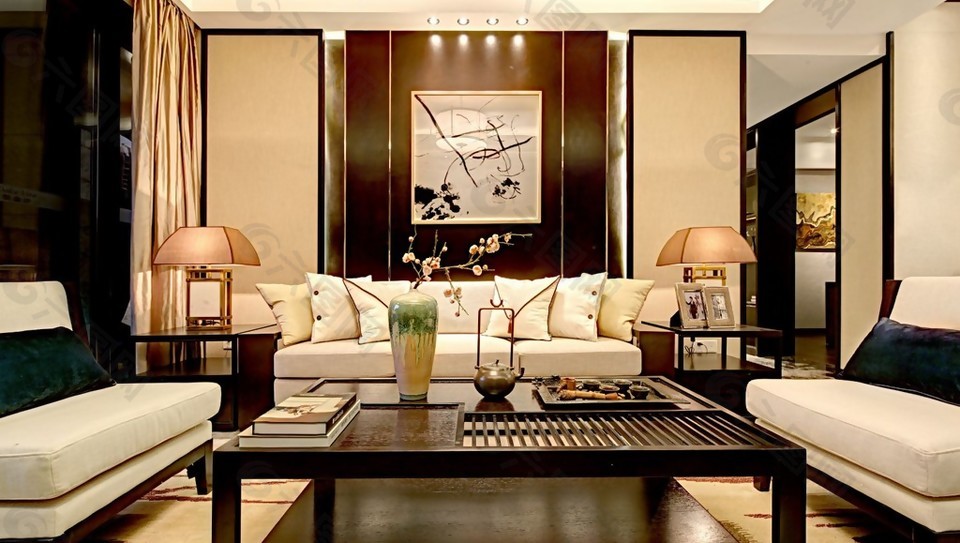 别墅奢华中式风格客厅装饰画效果图