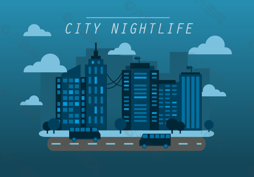 手绘城市夜生活背景素材