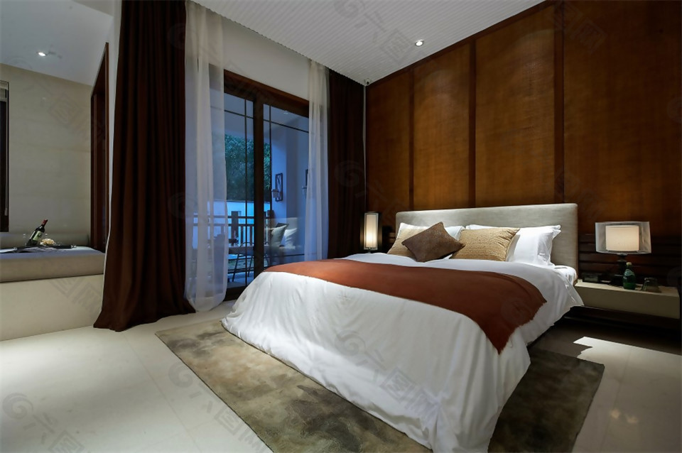 卧室床实木墙壁现代