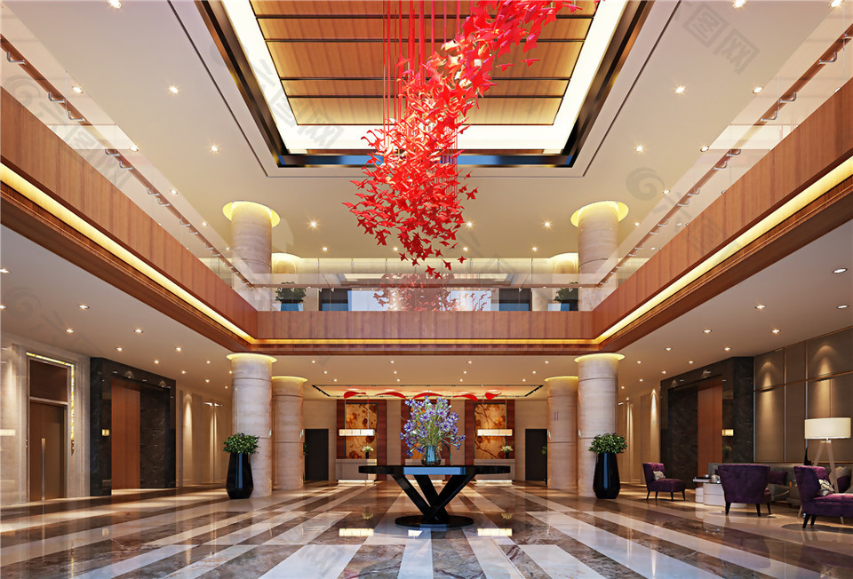 现代时尚酒店大厅红色吊灯工装装修效果图