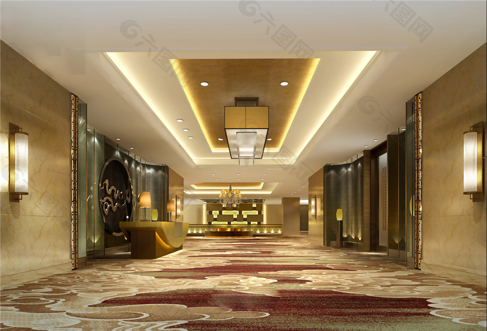 现代时尚酒红色花纹地毯酒店大厅工装效果图