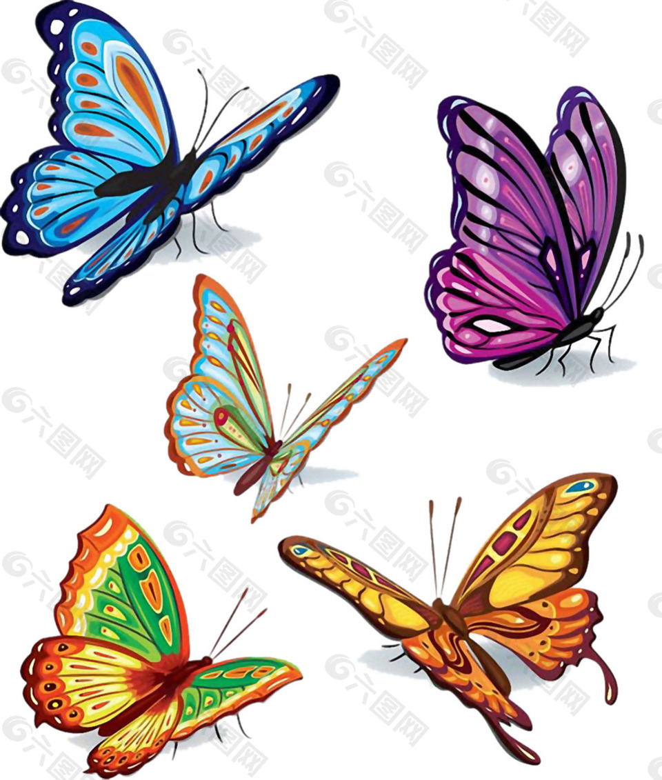 手绘五种颜色蝴蝶免抠png透明素材