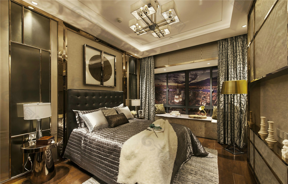 中式别墅豪华咖啡色卧室窗帘装修效果图