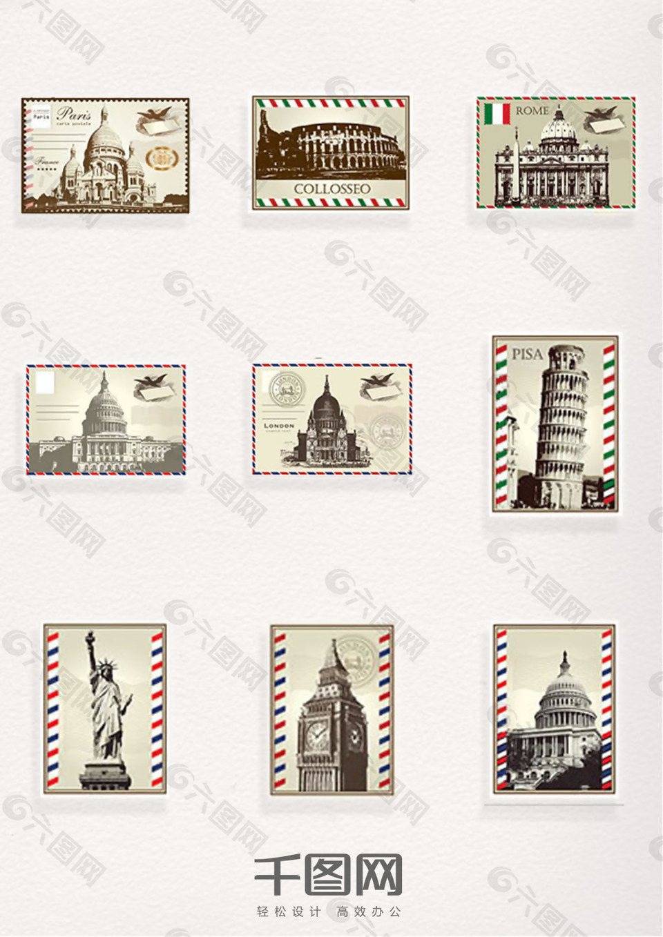 世界各国标志性建筑邮票元素装饰