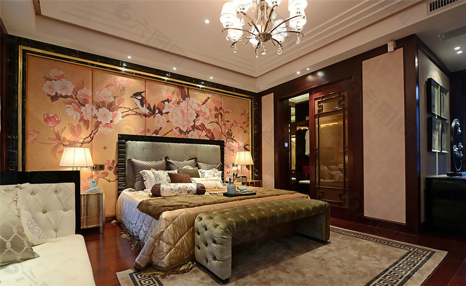 现代文艺清雅杏色墙面彩绘客厅室内装修图
