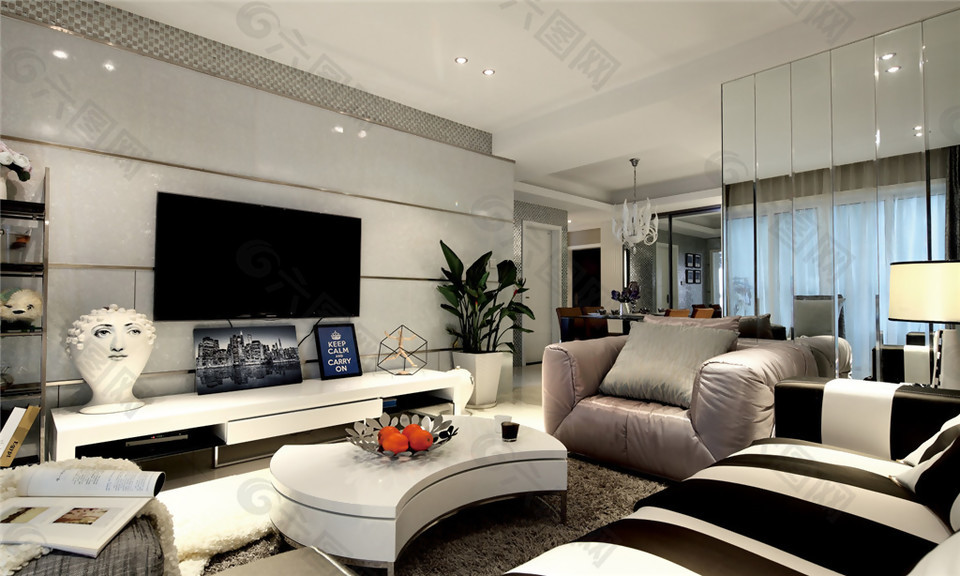 现代时尚高级客厅白色家具室内装修效果图