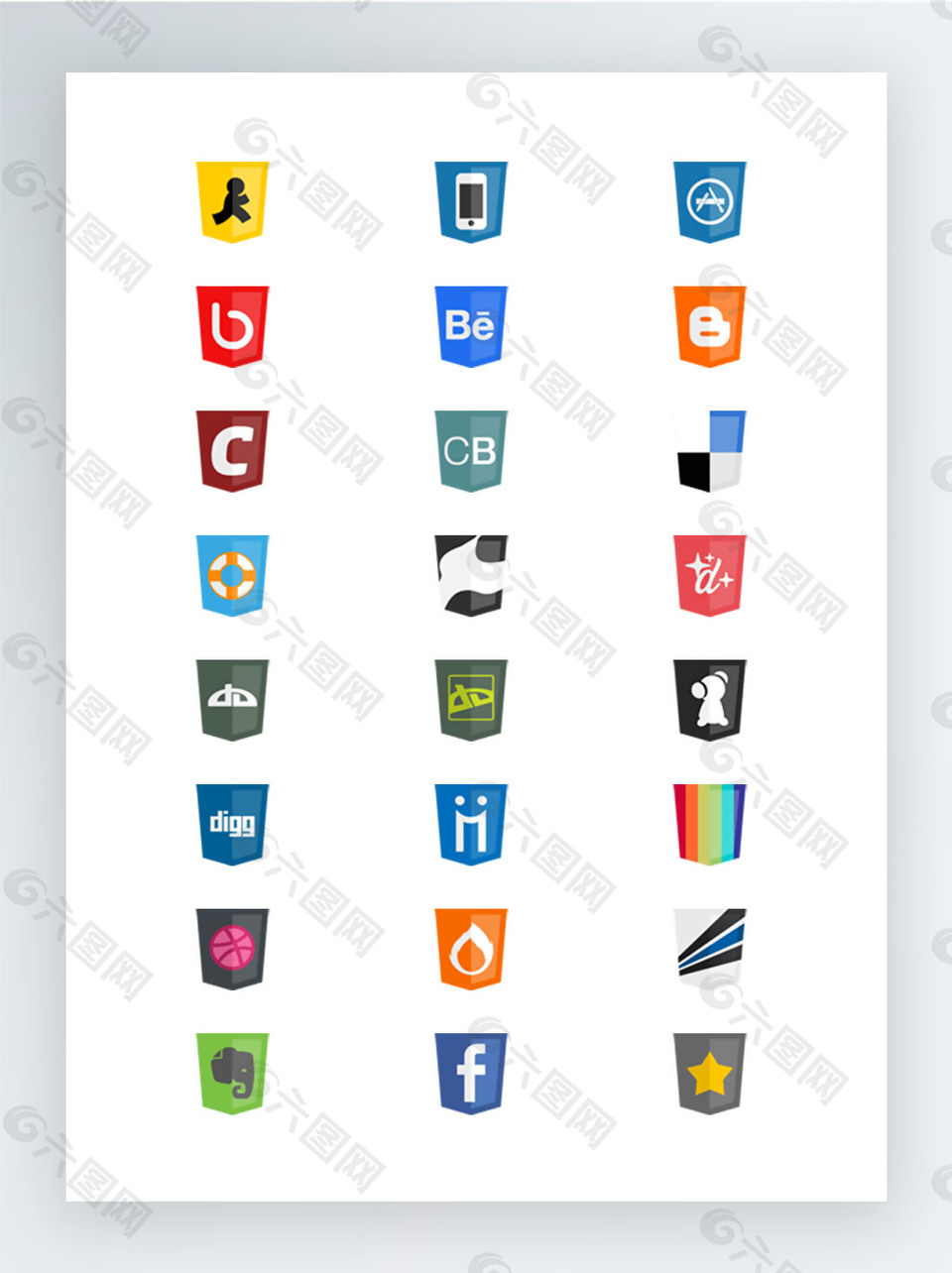 盾牌形状的社交媒体网站标志图标集
