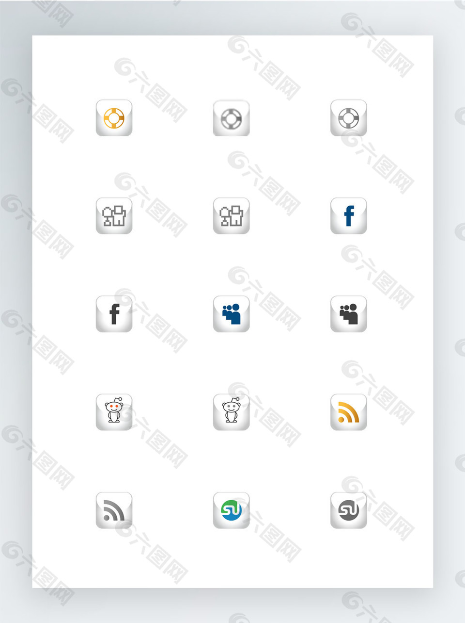 白色立体按钮上的社交网站标志图标集