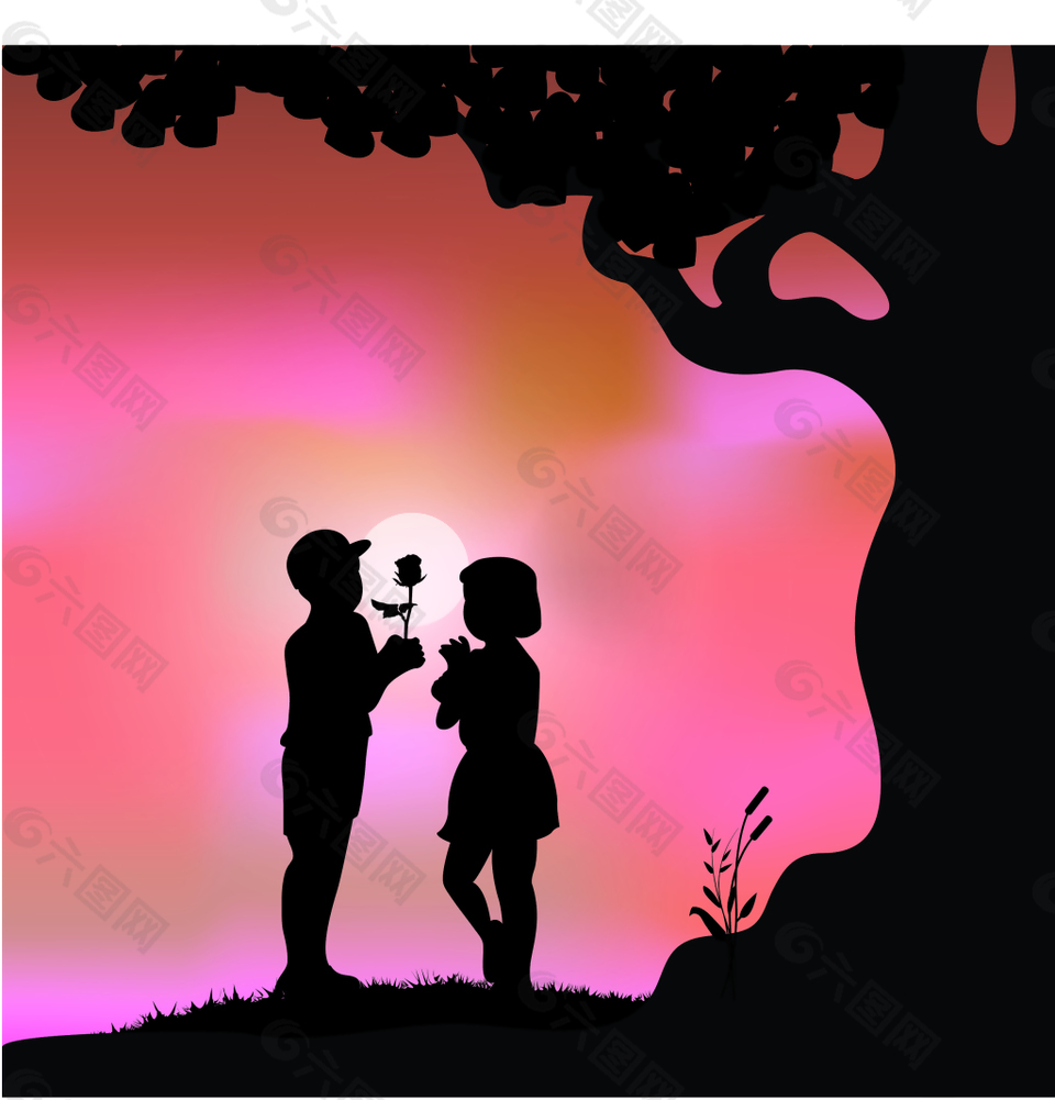 大树下浪漫的情侣插画