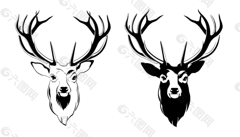 黑白手绘两只鹿头免抠png透明素材