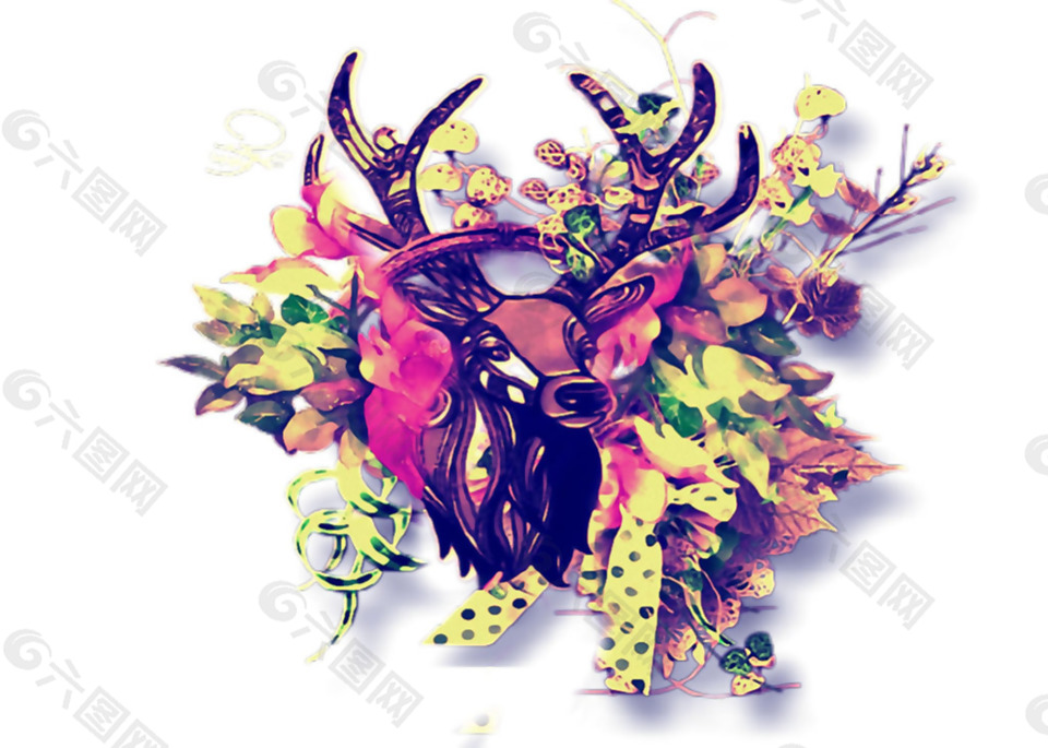 紫色鹿头艺术纹身免抠png透明素材
