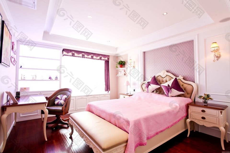 现代清新粉嫩风卧室粉色背景墙室内装修图