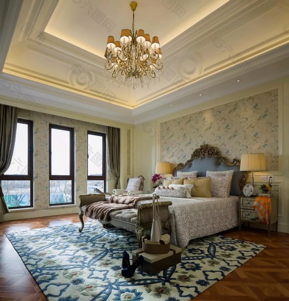 现代时尚卧室铜金色花纹背景墙室内装修图