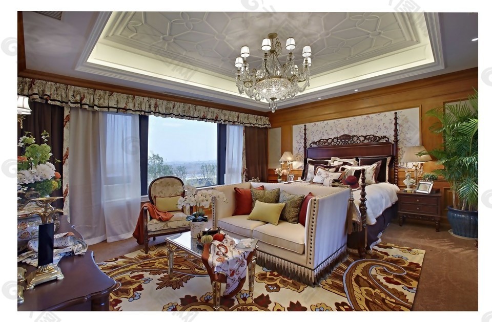 现代时尚卧室酒红色花纹地毯室内装修效果图