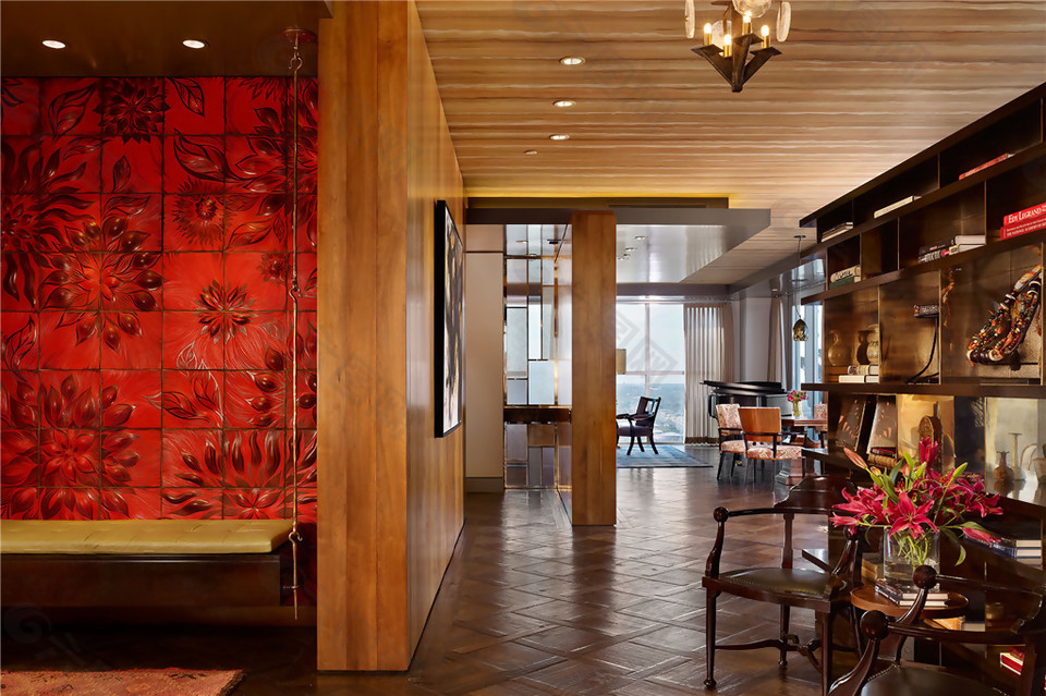 中式高级时尚客厅红色背景墙室内装修效果图