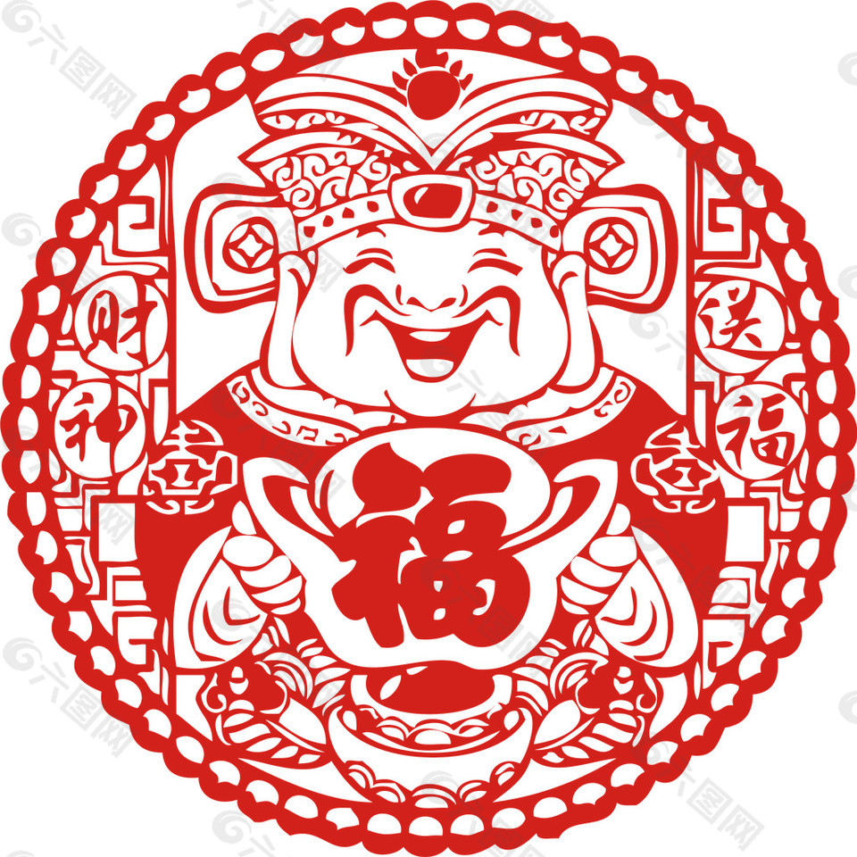 创意红色圆形财神爷图案剪纸