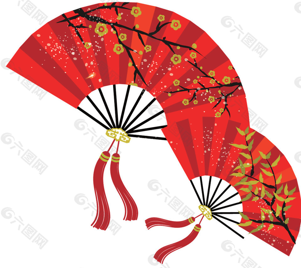 中国风红色花枝折扇图案元素