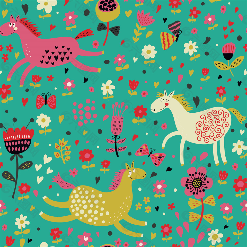 异域风情绿色底色动植物壁纸图案装饰设计