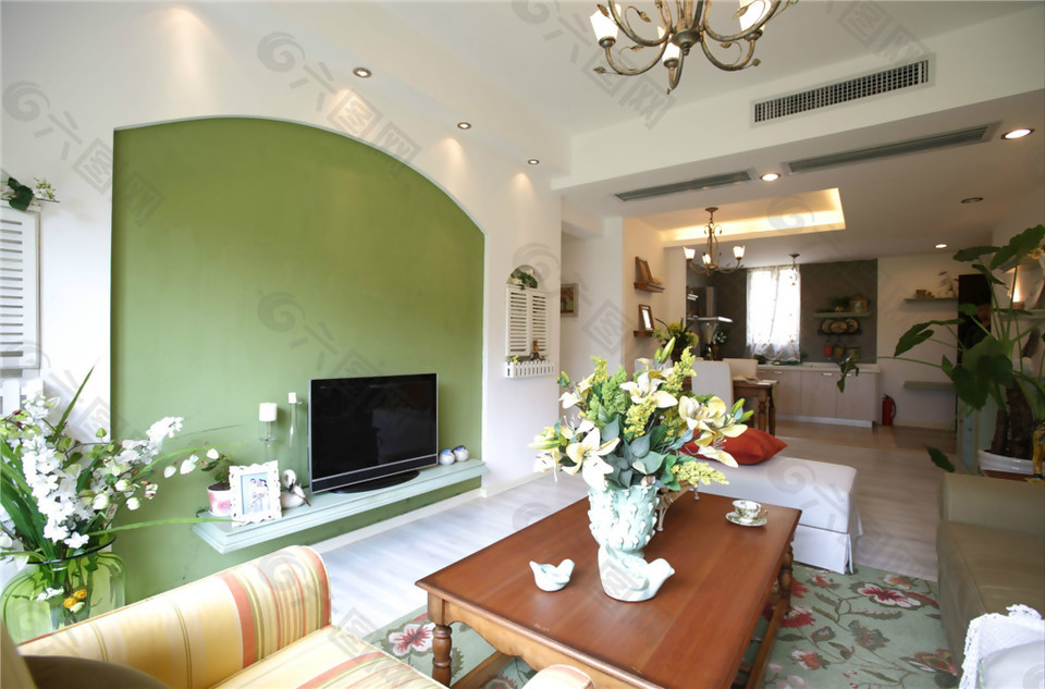 客厅美式浅绿色电视背景装修效果图