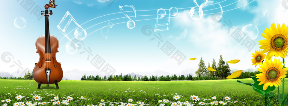 黄色花朵吉他音符banner背景素材