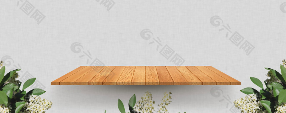 木质桌子绿色植物banner背景素材